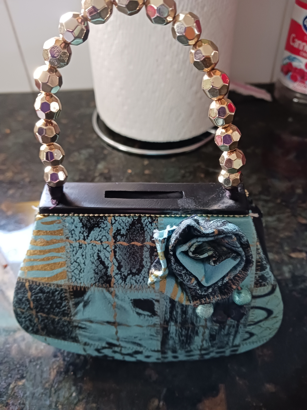 Blue Floral  Coin/piggy Bank with Gold Beaded Handle